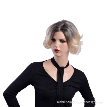 Wholesale  heat resistant mix silver-gray to blonde fluffy and curly short synthetic hair wigs  for women
